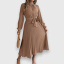 Women's Plain Pleated Midi – Mock Neck Long Sleeve Tie Waist Wedding Guest Dress
