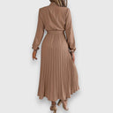 Women's Plain Pleated Midi – Mock Neck Long Sleeve Tie Waist Wedding Guest Dress