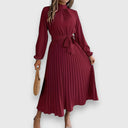 Women's Plain Pleated Midi – Mock Neck Long Sleeve Tie Waist Wedding Guest Dress