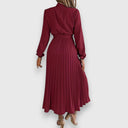 Women's Plain Pleated Midi – Mock Neck Long Sleeve Tie Waist Wedding Guest Dress