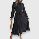 Women's Plain Pleated Midi – Mock Neck Long Sleeve Tie Waist Wedding Guest Dress