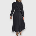 Women's Plain Pleated Midi – Mock Neck Long Sleeve Tie Waist Wedding Guest Dress