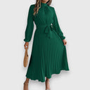 Women's Plain Pleated Midi – Mock Neck Long Sleeve Tie Waist Wedding Guest Dress