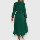 Women's Plain Pleated Midi – Mock Neck Long Sleeve Tie Waist Wedding Guest Dress
