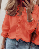 Women's Plain Ruffle Trim Blouse – V Neck Long Sleeve Button Front Casual Top