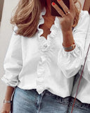 Women's Plain Ruffle Trim Blouse – V Neck Long Sleeve Button Front Casual Top