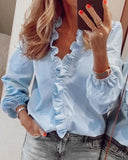Women's Plain Ruffle Trim Blouse – V Neck Long Sleeve Button Front Casual Top