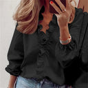 Women's Plain Ruffle Trim Blouse – V Neck Long Sleeve Button Front Casual Top
