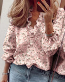 Women's Plain Ruffle Trim Blouse – V Neck Long Sleeve Button Front Casual Top