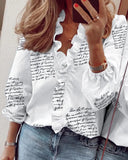 Women's Plain Ruffle Trim Blouse – V Neck Long Sleeve Button Front Casual Top