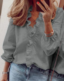 Women's Plain Ruffle Trim Blouse – V Neck Long Sleeve Button Front Casual Top