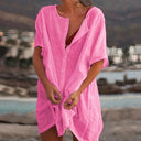 Women's Plain Sheer Mini – Round Neck Short Sleeve Open Front Beach Dress