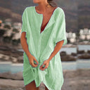 Women's Plain Sheer Mini – Round Neck Short Sleeve Open Front Beach Dress
