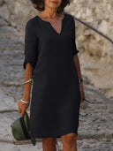 Women's Plain Shift Midi – V Neck 3/4 Sleeve Straight Hem Casual Everyday Dress