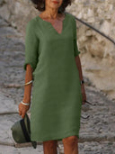 Women's Plain Shift Midi – V Neck 3/4 Sleeve Straight Hem Casual Everyday Dress