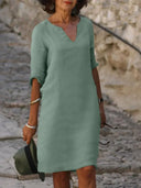 Women's Plain Shift Midi – V Neck 3/4 Sleeve Straight Hem Casual Everyday Dress