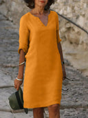 Women's Plain Shift Midi – V Neck 3/4 Sleeve Straight Hem Casual Everyday Dress