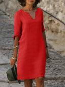 Women's Plain Shift Midi – V Neck 3/4 Sleeve Straight Hem Casual Everyday Dress