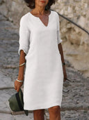 Women's Plain Shift Midi – V Neck 3/4 Sleeve Straight Hem Casual Everyday Dress