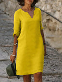 Women's Plain Shift Midi – V Neck 3/4 Sleeve Straight Hem Casual Everyday Dress