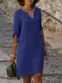 Women's Plain Shift Midi – V Neck 3/4 Sleeve Straight Hem Casual Everyday Dress