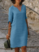 Women's Plain Shift Midi – V Neck 3/4 Sleeve Straight Hem Casual Everyday Dress