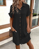 Women's Plain Shirt Midi – Collar Short Sleeve Button Down Pocket Casual Summer Dress