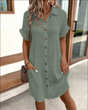 Women's Plain Shirt Midi – Collar Short Sleeve Button Down Pocket Casual Summer Dress