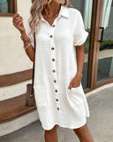 Women's Plain Shirt Midi – Collar Short Sleeve Button Down Pocket Casual Summer Dress