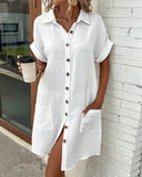 Women's Plain Shirt Midi – Collar Short Sleeve Button Down Pocket Casual Summer Dress