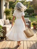 Women's Plain Tiered Maxi – Split Neck Short Sleeve Smocked Waist Summer Dress