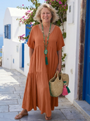 Women's Plain Tiered Maxi – V Neck Short Sleeve Boho Summer Swing Dress