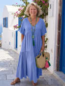Women's Plain Tiered Maxi – V Neck Short Sleeve Boho Summer Swing Dress