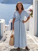 Women's Plain Twist Front Maxi – V Neck Short Sleeve Piped Summer Dress