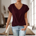 Women's Plain Twist Front Top – V Neck Cap Sleeve Casual Summer Blouse