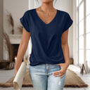 Women's Plain Twist Front Top – V Neck Cap Sleeve Casual Summer Blouse
