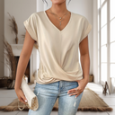 Women's Plain Twist Front Top – V Neck Cap Sleeve Casual Summer Blouse