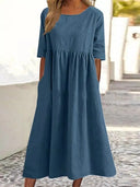 Women's Plain Woven Maxi – Round Neck 3/4 Sleeve Smock Waist Pocket Casual Dress