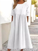 Women's Plain Woven Maxi – Round Neck 3/4 Sleeve Smock Waist Pocket Casual Dress