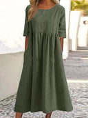 Women's Plain Woven Maxi – Round Neck 3/4 Sleeve Smock Waist Pocket Casual Dress