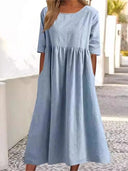Women's Plain Woven Maxi – Round Neck 3/4 Sleeve Smock Waist Pocket Casual Dress