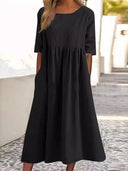 Women's Plain Woven Maxi – Round Neck 3/4 Sleeve Smock Waist Pocket Casual Dress