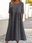 Women's Plain Woven Maxi – Round Neck 3/4 Sleeve Smock Waist Pocket Casual Dress