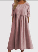 Women's Plain Woven Maxi – Round Neck 3/4 Sleeve Smock Waist Pocket Casual Dress