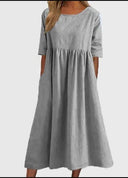 Women's Plain Woven Maxi – Round Neck 3/4 Sleeve Smock Waist Pocket Casual Dress