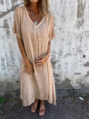 Women's Plain Woven Maxi – V Neck Short Sleeve Layered Hem Casual Summer Dress