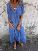 Women's Plain Woven Maxi – V Neck Short Sleeve Layered Hem Casual Summer Dress