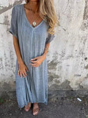 Women's Plain Woven Maxi – V Neck Short Sleeve Layered Hem Casual Summer Dress