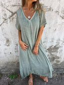 Women's Plain Woven Maxi – V Neck Short Sleeve Layered Hem Casual Summer Dress