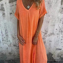 Women's Plain Woven Maxi – V Neck Short Sleeve Layered Hem Casual Summer Dress